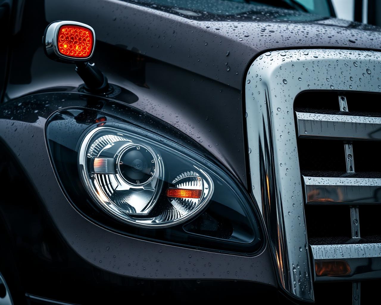 Chrome semi-truck headlight detail with raindrops