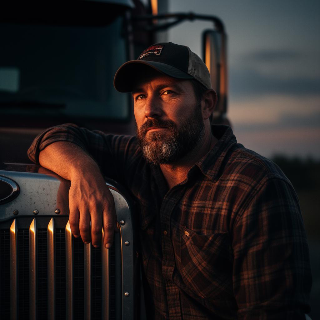 Trucker leaning against semi-truck grille at dusk