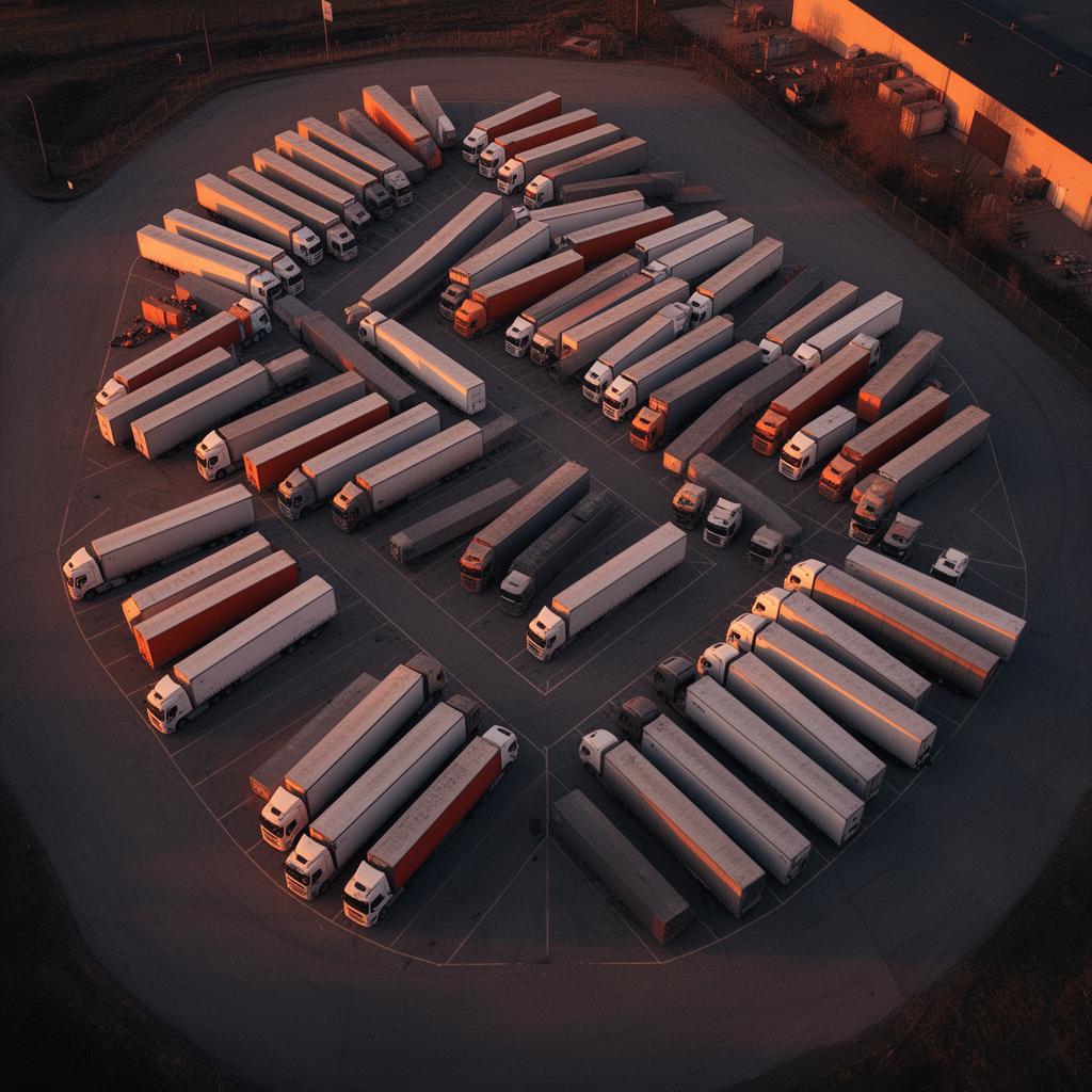 Aerial view of a fleet of semi-trucks in a yard at dusk